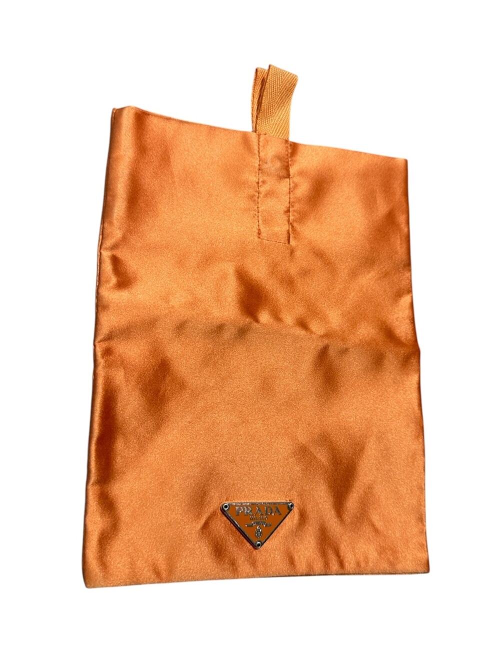 Vintage Prada Enameled Triangle Logo Burnt Orange Silk Jewelry Pouch Clutch Bag